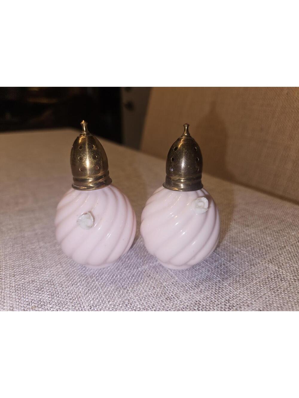 Vintage Pink Porcelain Salt & Pepper Shakers with Brass Top and 3D Rose